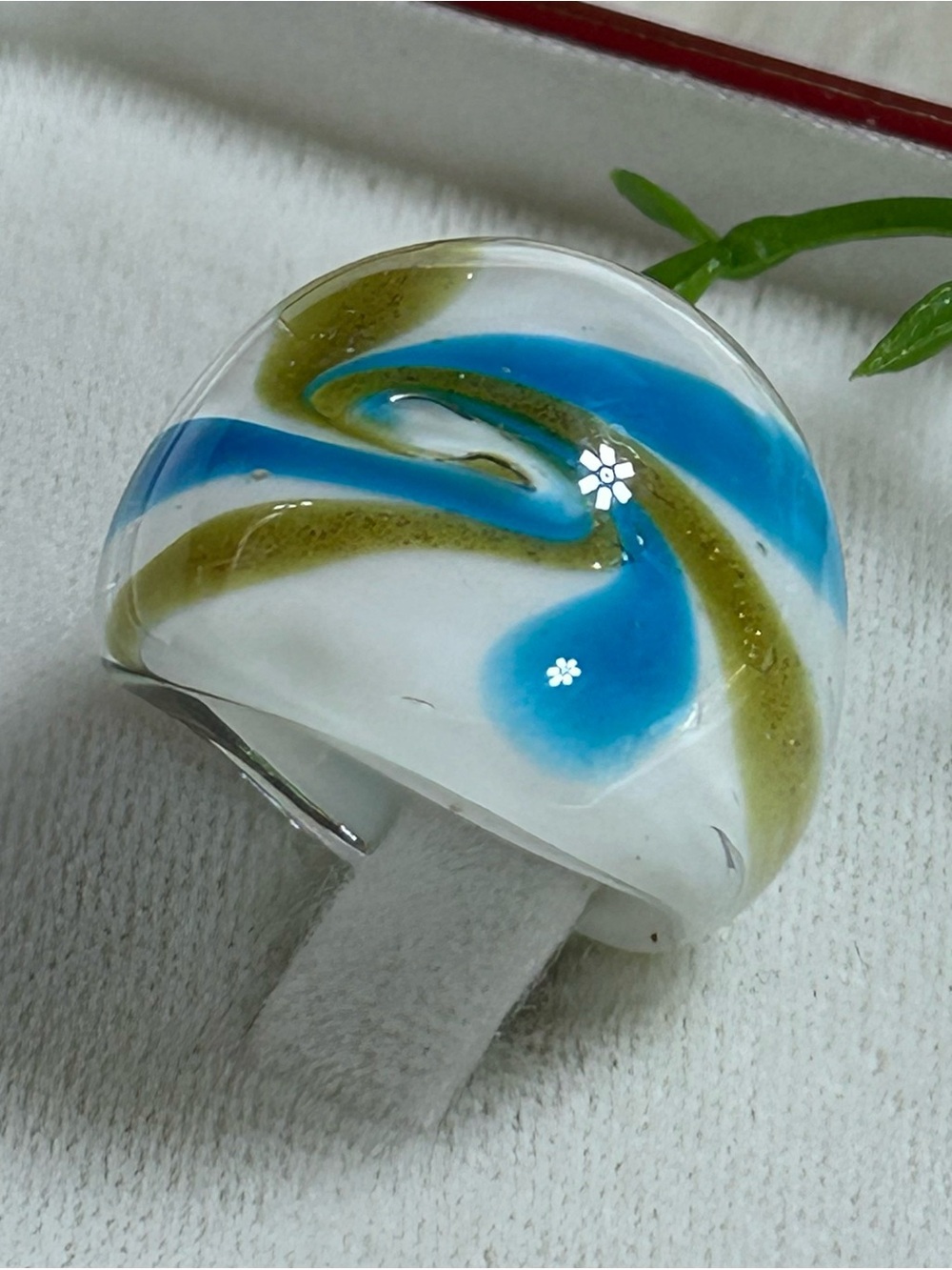 Glass art white blue swirl Ring